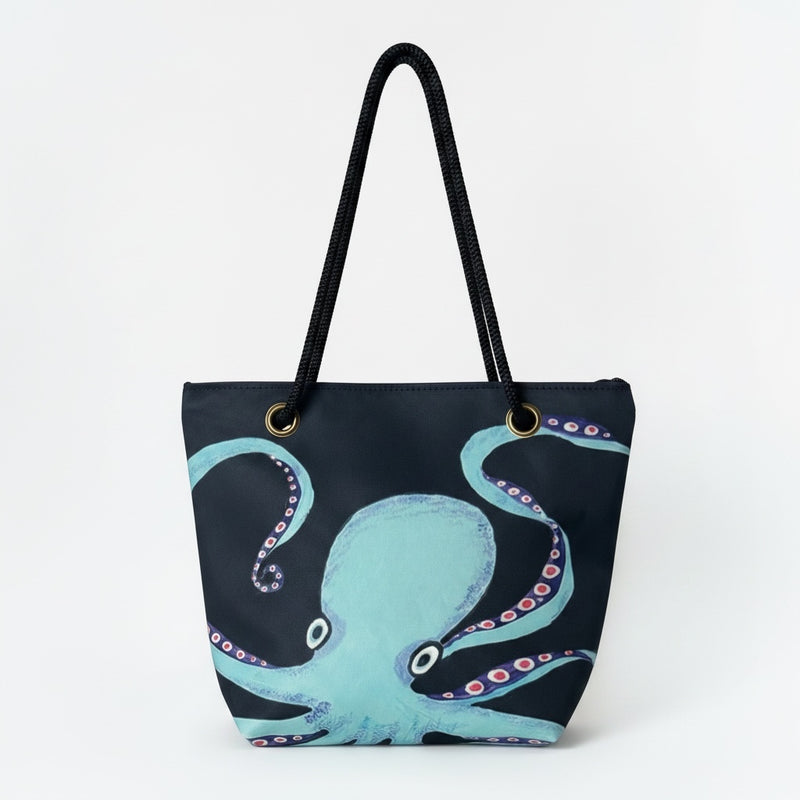 Recycled Sailcloth Octopus Tote Bag: Original Nautical Art