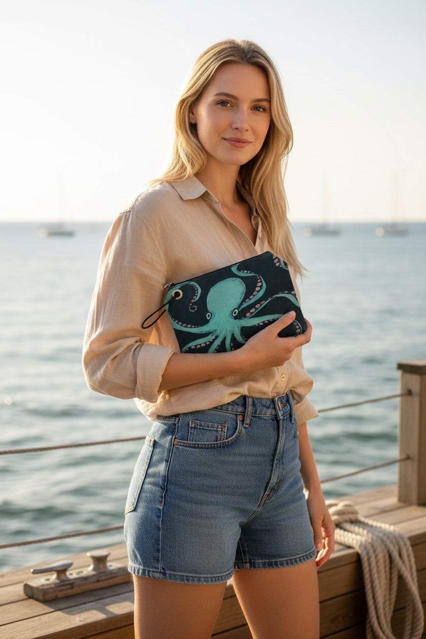 Recycled Sailcloth Octopus Tote Bag: Original Nautical Art