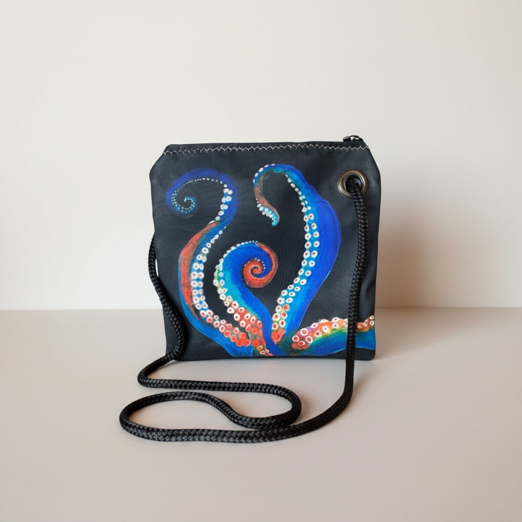 Recycled Sailcloth Octopus Tentacles Art Tote Bag: Crossbody or Wristlet