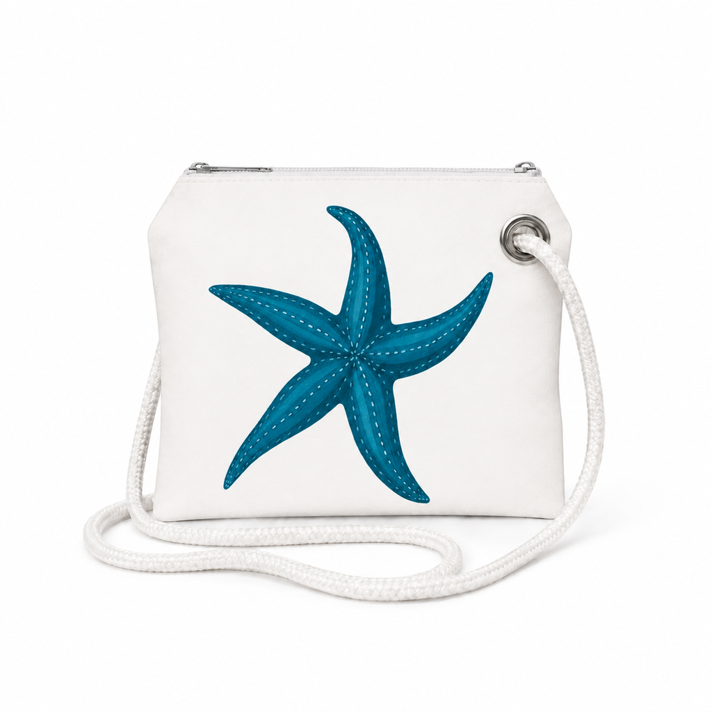 One Starfish crossbody recycled sail bag with zipper and white rope strap