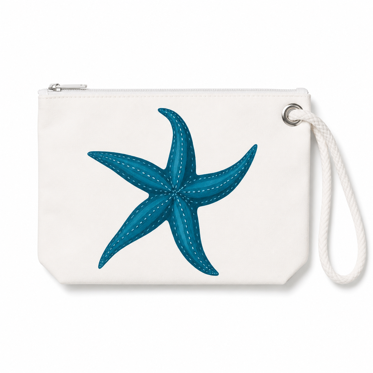 One Starfish wristlet recycled sail bag with zipper and white rope loop