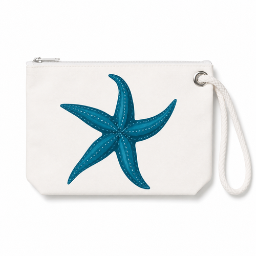 One Starfish wristlet recycled sail bag with zipper and white rope loop