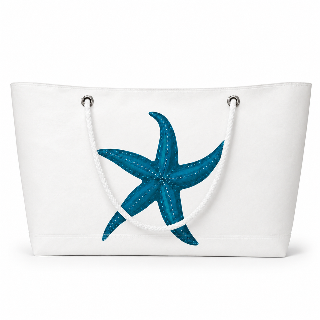 One Starfish XXL recycled sail tote bag with wide silhouette and white rope handle