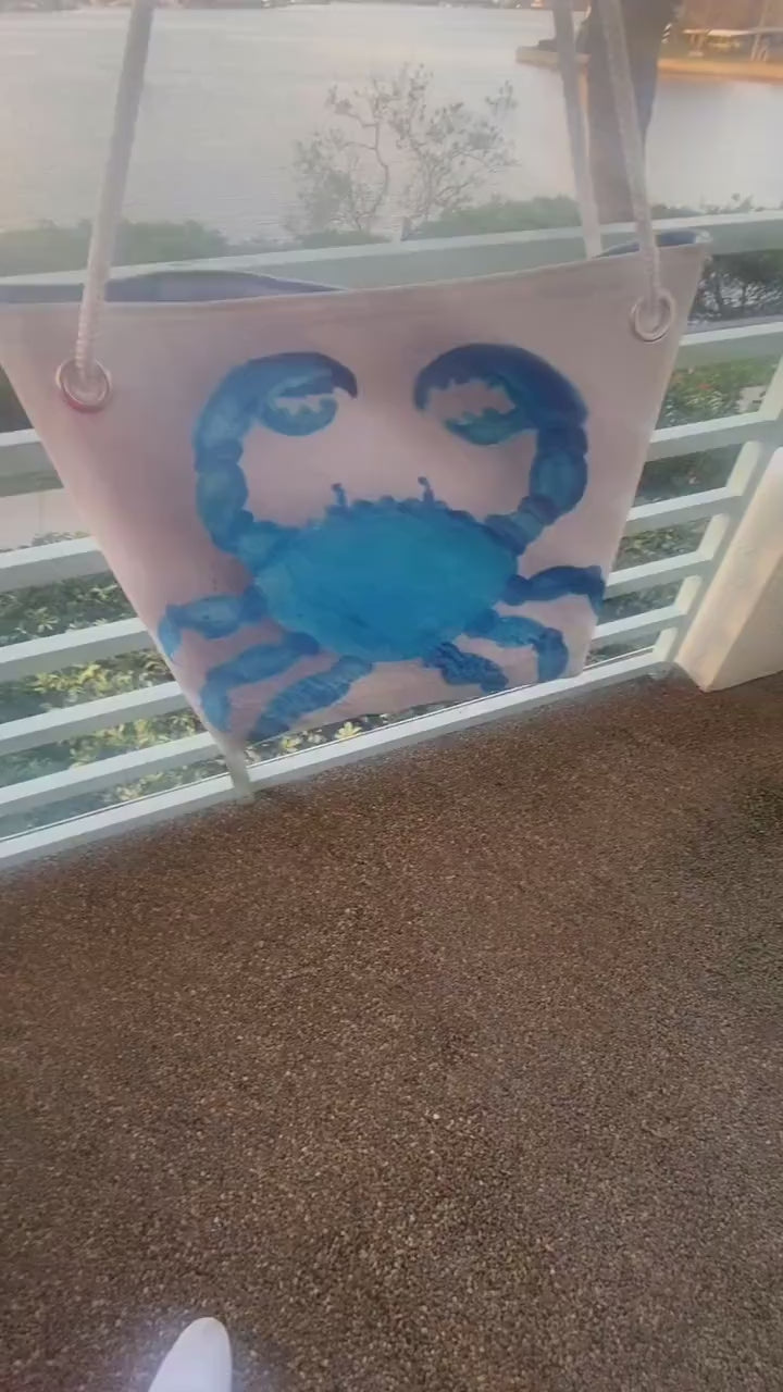 Recycled Sailcloth Tote: Blue Crab Art, Waterproof Lining