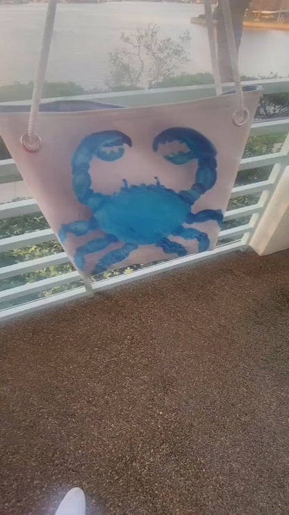 Recycled Sailcloth Tote: Blue Crab Art, Waterproof Lining
