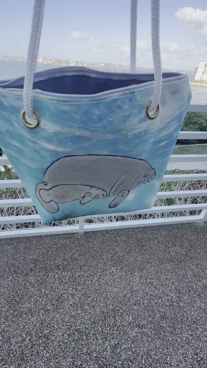 Recycled Sail Tote Bag: Handcrafted Manatee Design – Florida