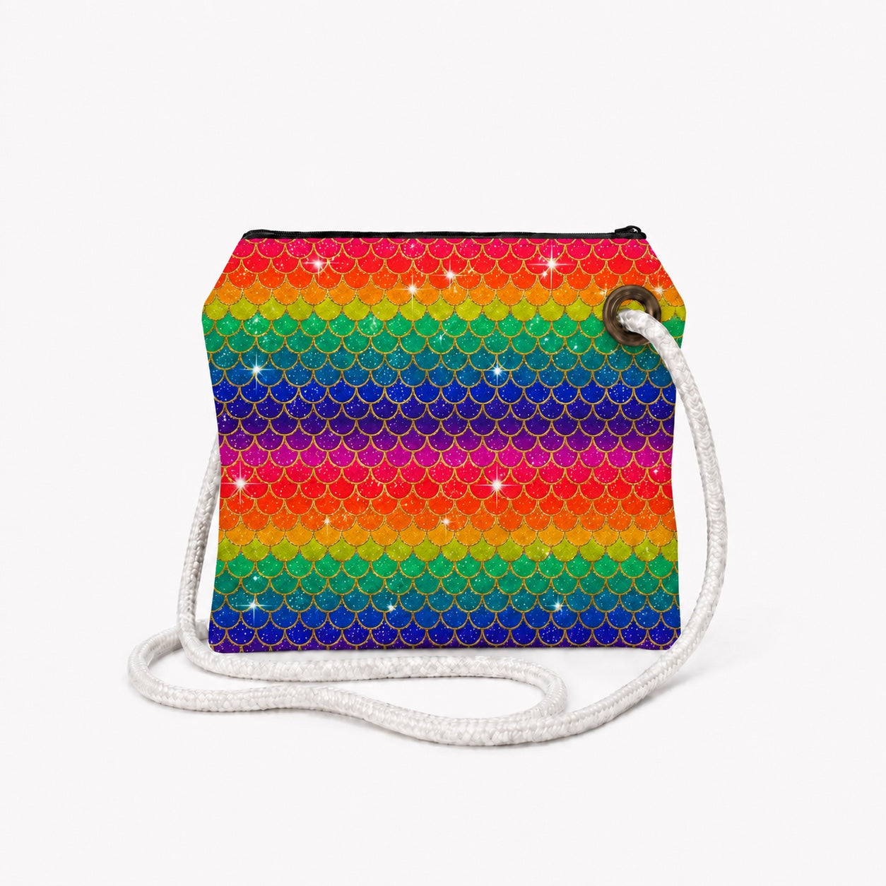 Rainbow Mermaid recycled sail crossbody bag with zipper closure