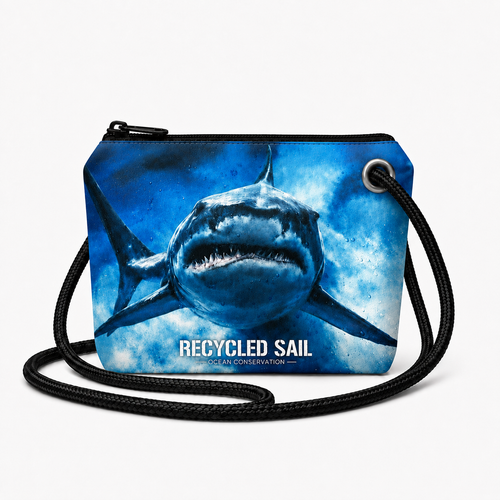 Recycled Sail Shark crossbody bag made from recycled sail with zipper and black rope strap