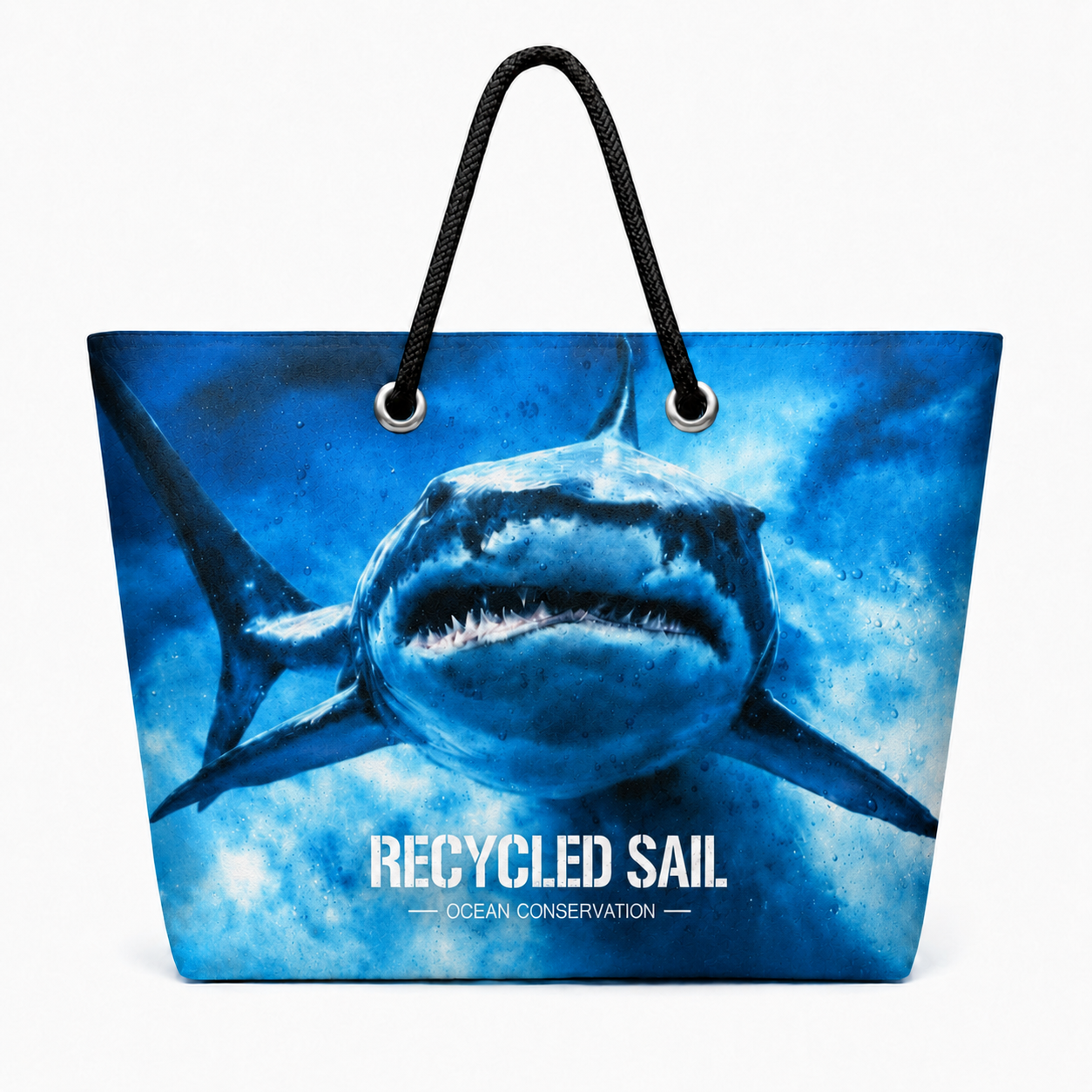Recycled Sail Shark XL recycled sail tote with black rope handles