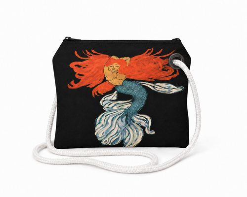 Red Mermaid crossbody recycled sail bag with white rope strap