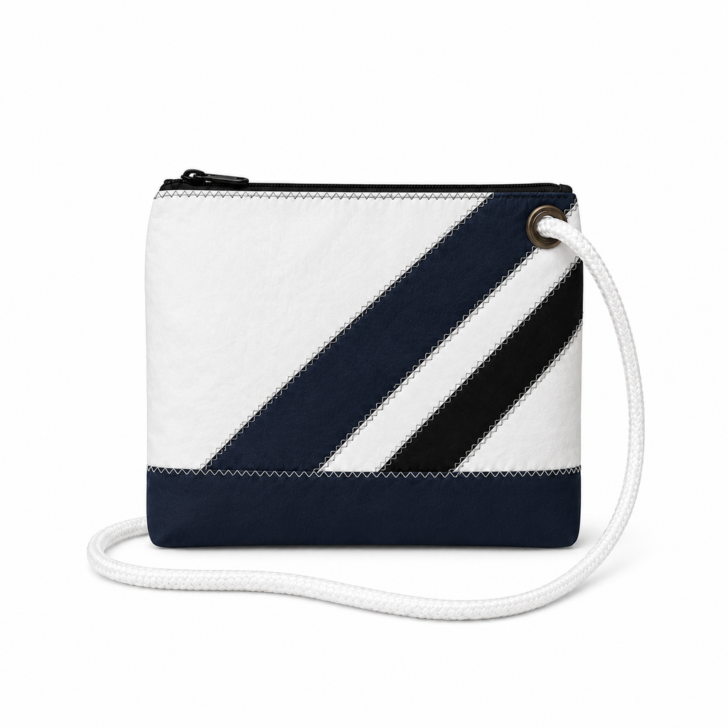 Regatta Diagonal Stripe crossbody recycled sail bag with one upper-right grommet and white rope