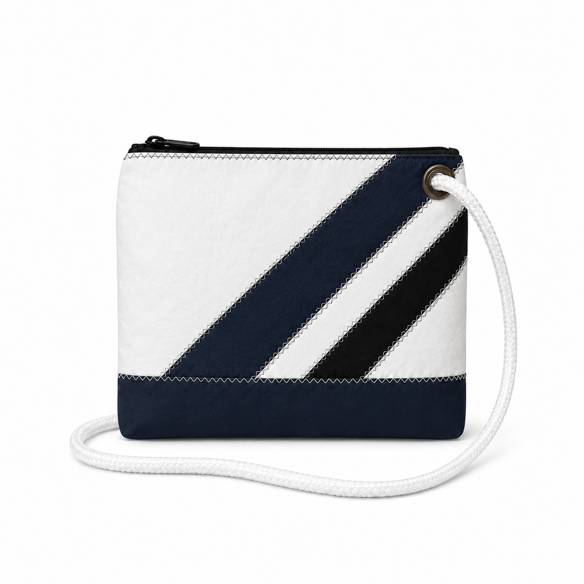 Regatta Diagonal Stripe crossbody recycled sail bag with one upper-right grommet and white rope
