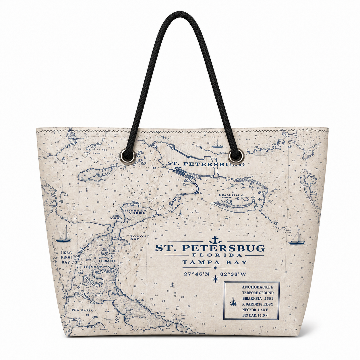 St. Pete Chart large recycled sail tote with original St. Petersburg nautical chart artwork