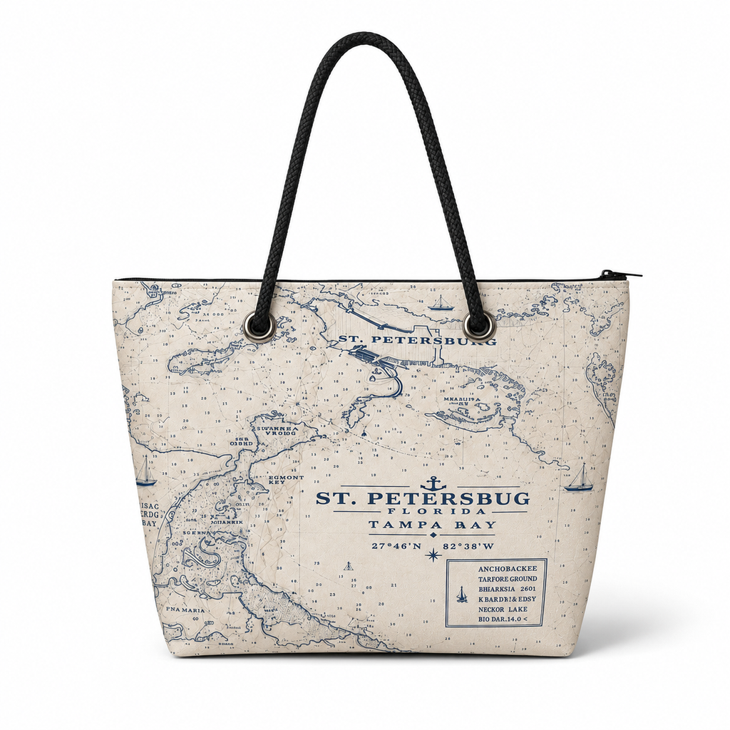 St. Pete Chart medium recycled sail tote with zipper and original St. Petersburg nautical chart artwork