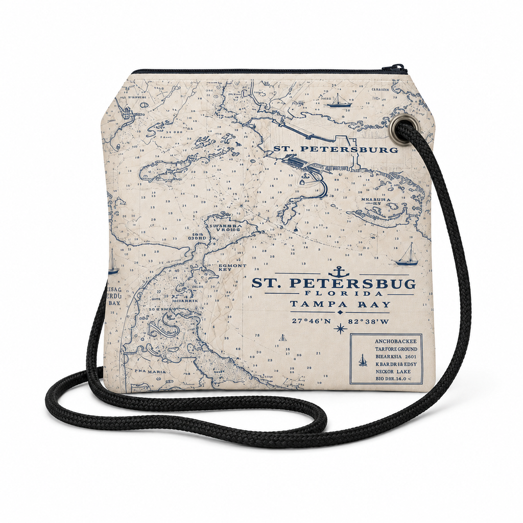 St. Pete Chart recycled sail crossbody bag with original St. Petersburg nautical chart artwork