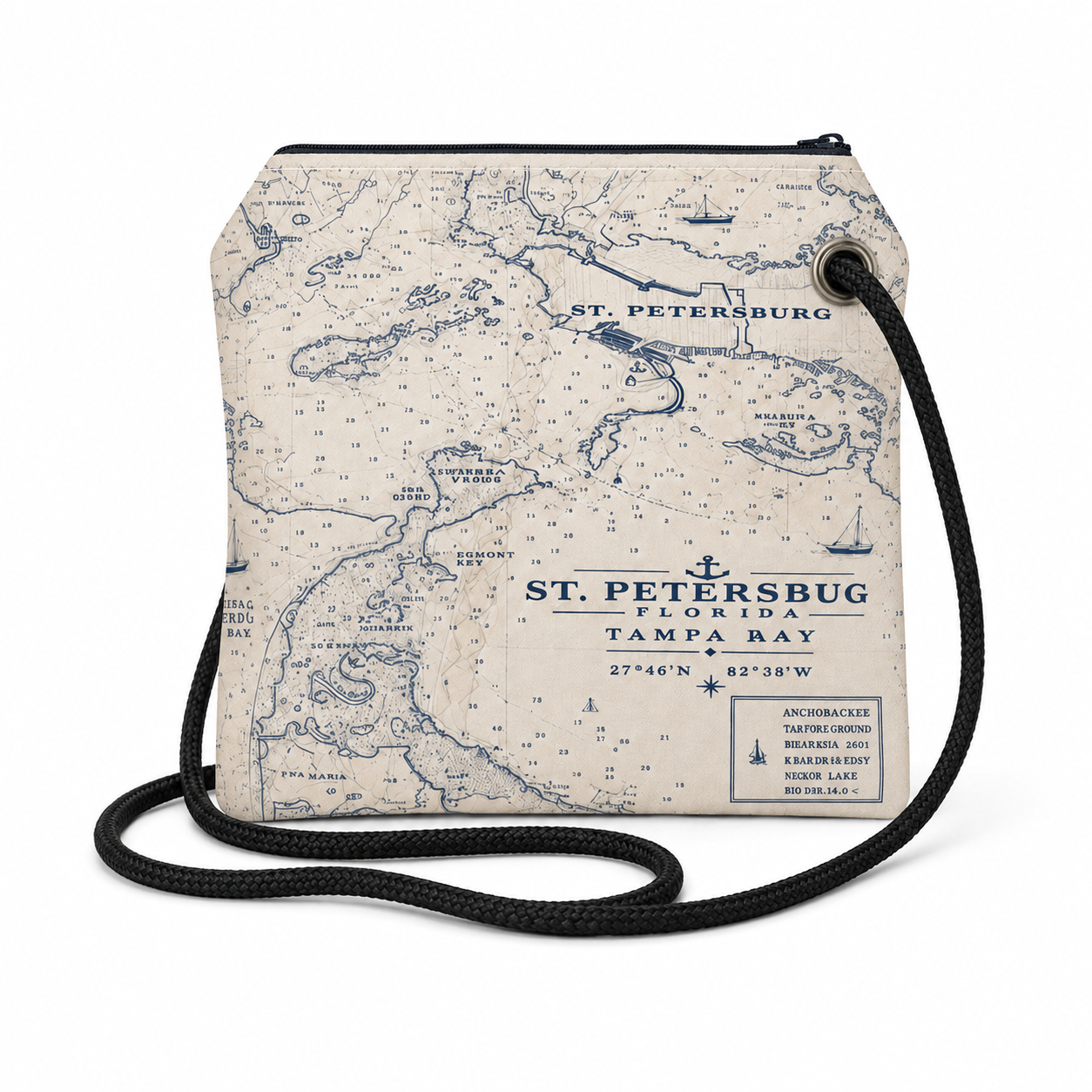 St. Pete Chart recycled sail crossbody bag with original St. Petersburg nautical chart artwork