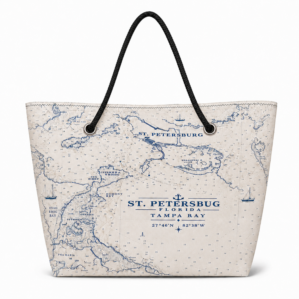 St. Pete Chart XL recycled sail tote with original St. Petersburg nautical chart artwork