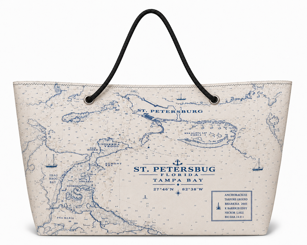 St. Pete Chart XXL recycled sail tote with original St. Petersburg nautical chart artwork
