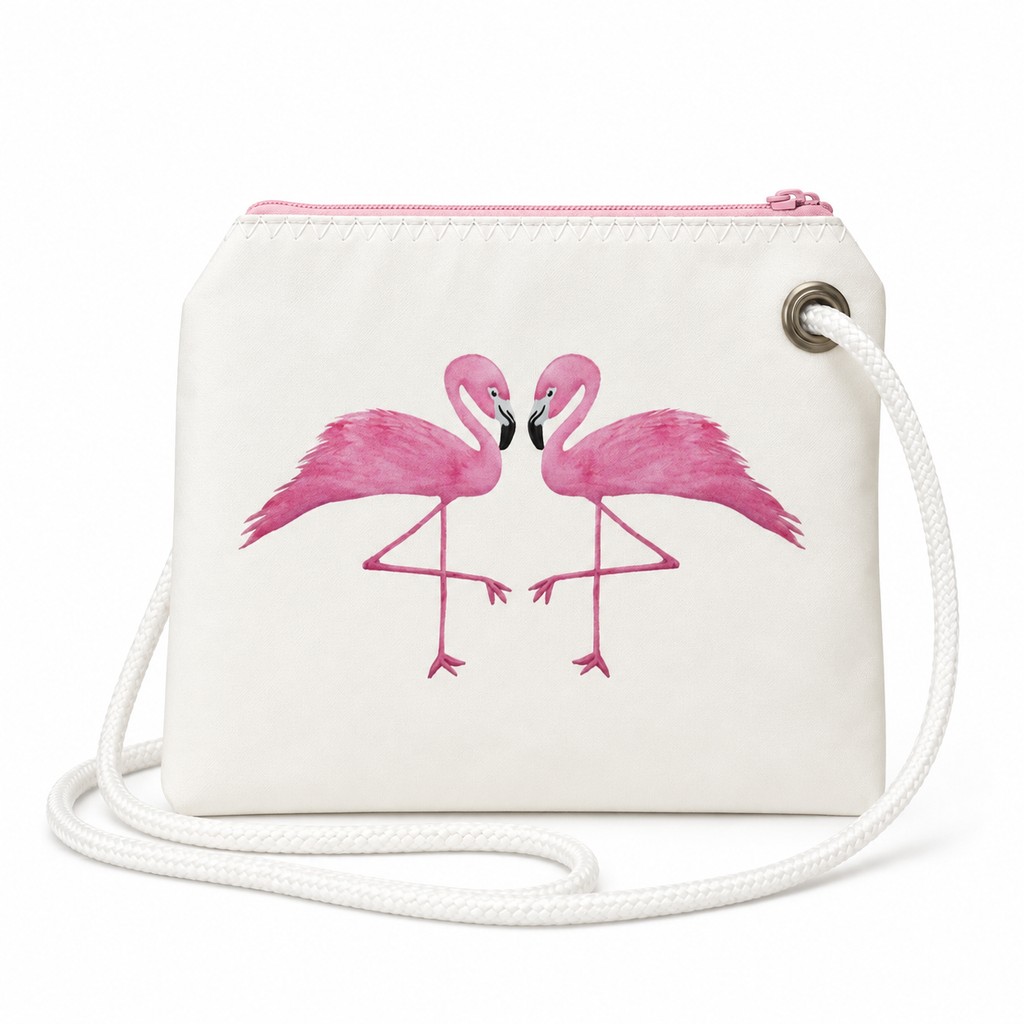 Two Flamingos recycled sail crossbody bag with original Florida flamingo art