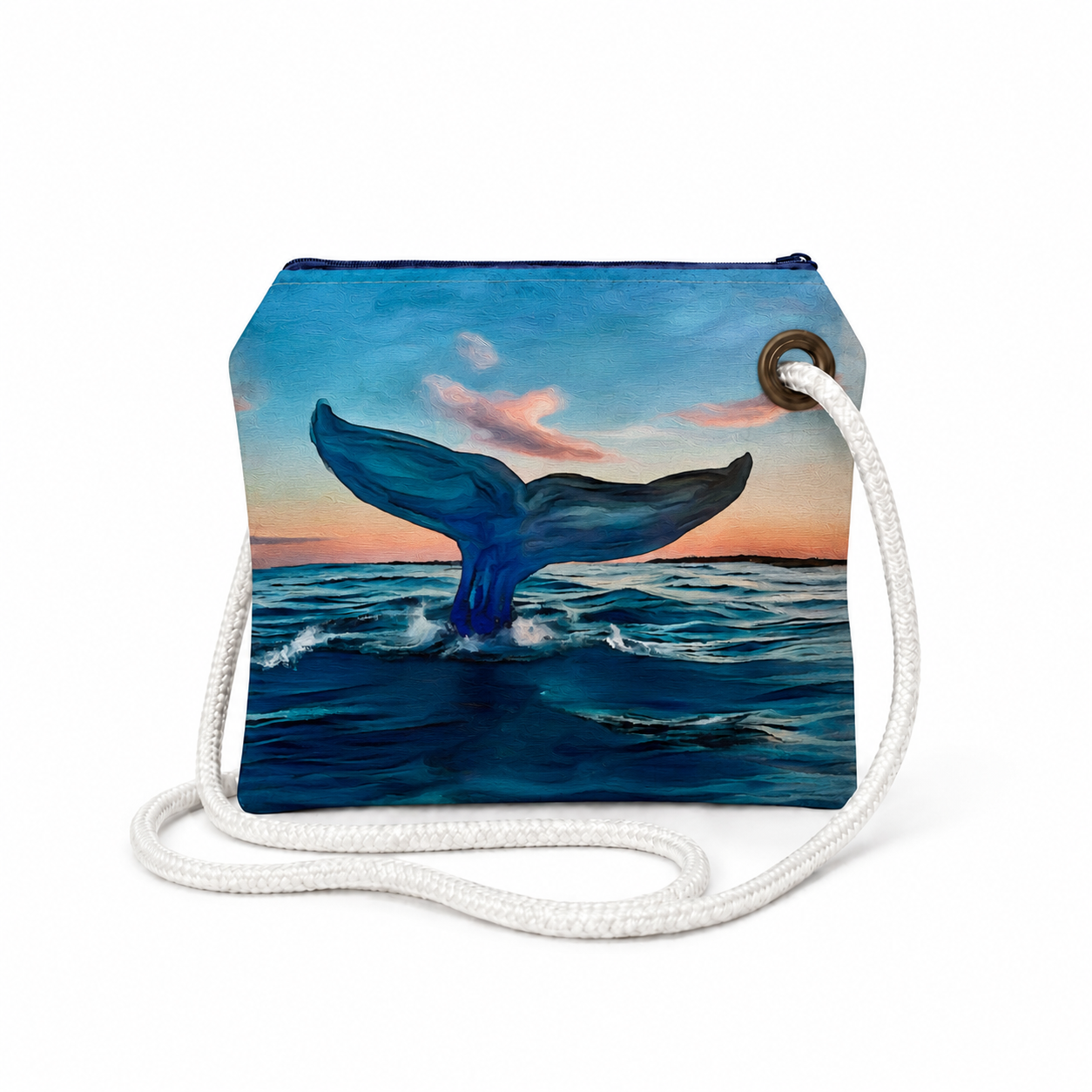Whale Tail crossbody recycled sail bag with zipper closure and white rope strap