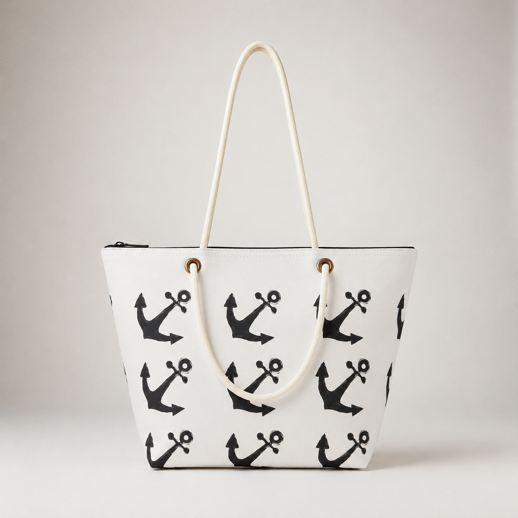 White Anchor medium recycled sail tote with zipper and original Florida EcoBags nautical artwork