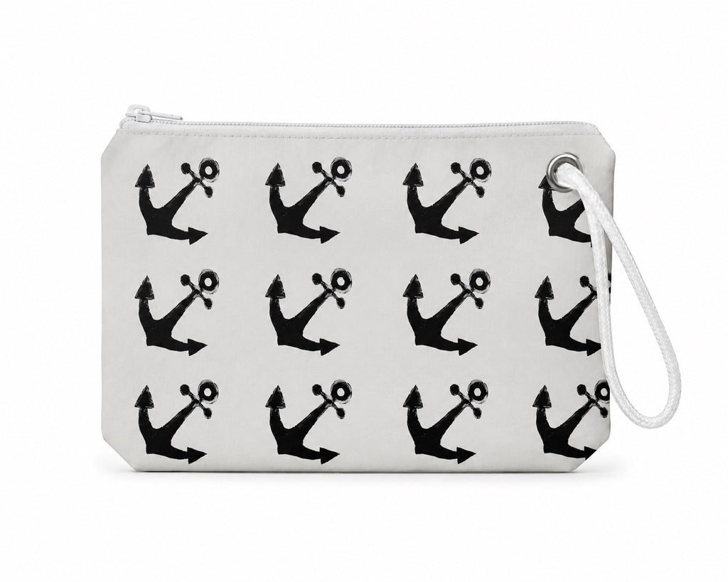 White Anchor wristlet handmade from recycled sailcloth with original black anchor artwork