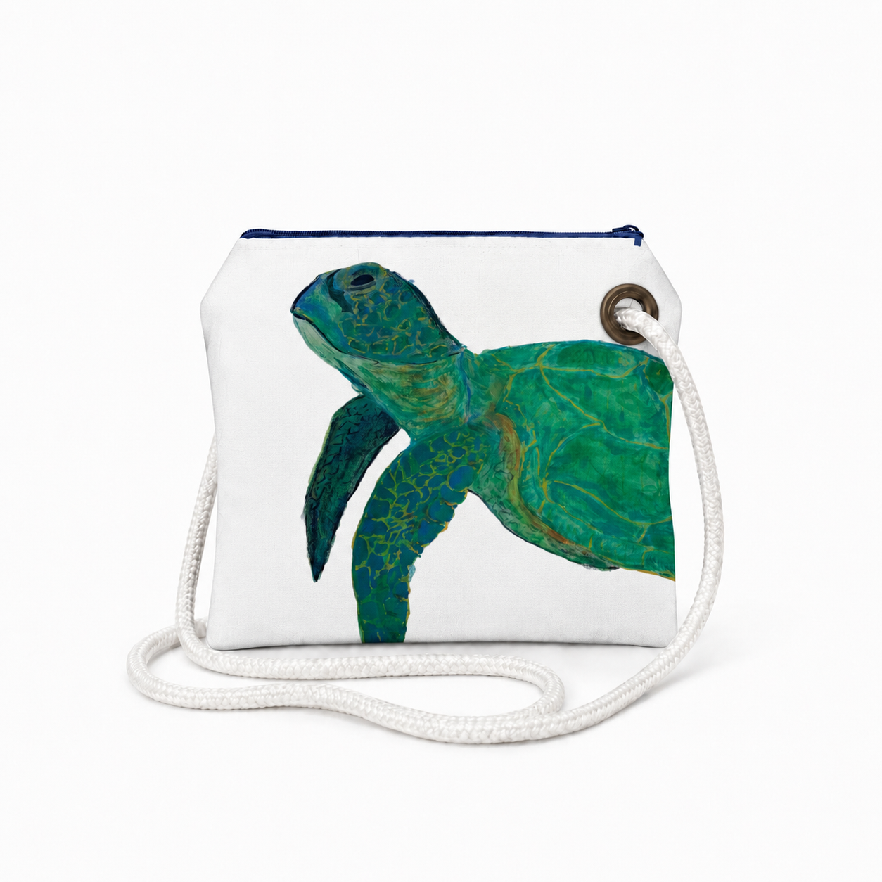 White sea turtle recycled sail crossbody bag with original Florida coastal artwork