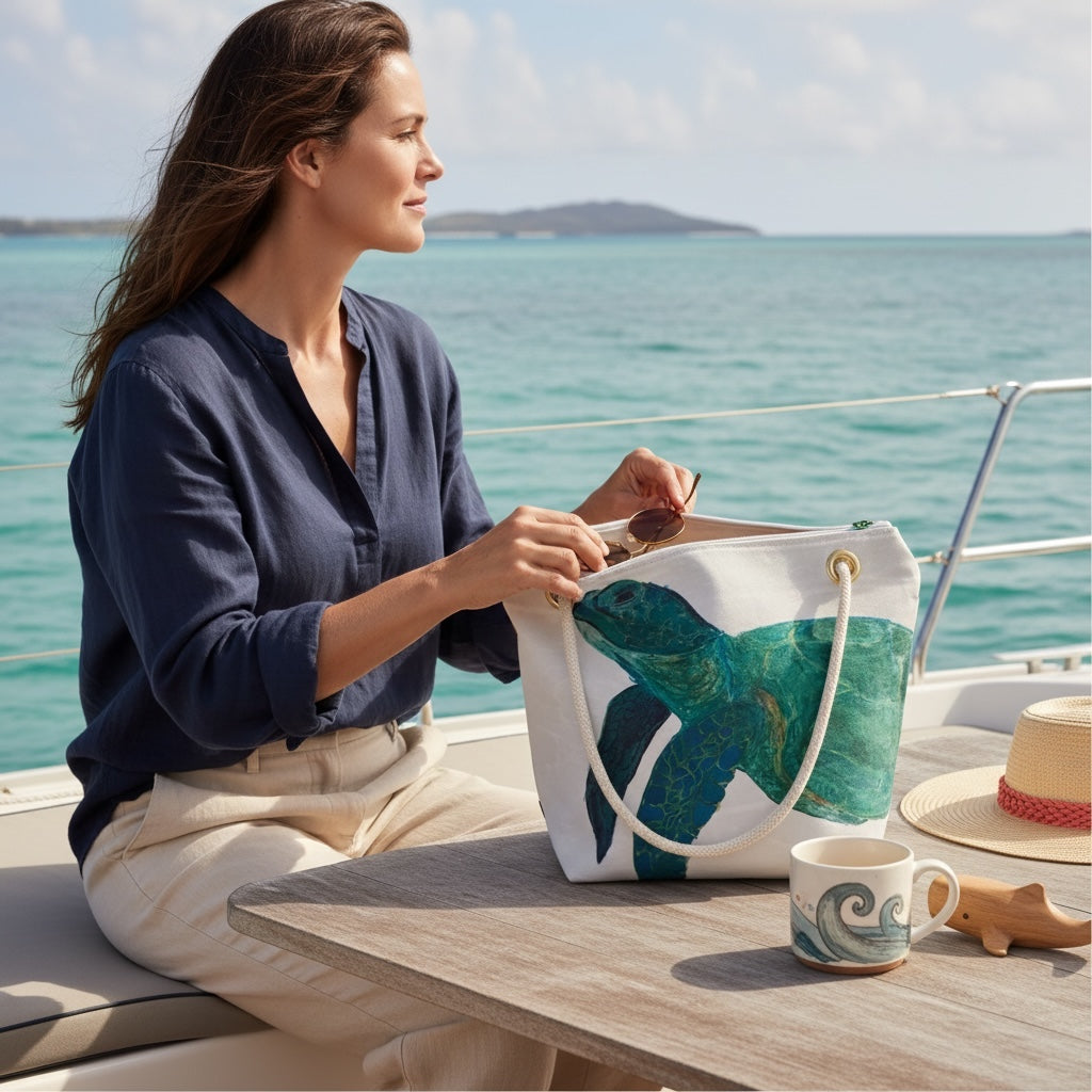 Recycled Sail Tote Bag: Sea Turtle Art, Waterproof Lining