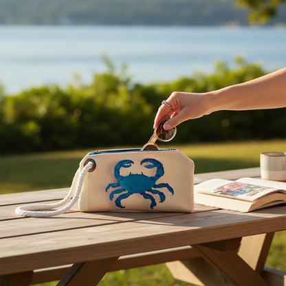 Recycled Sailcloth Tote: Blue Crab Art, Waterproof Lining