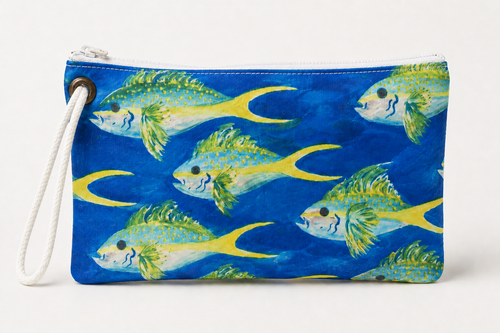 Yellowtail wristlet recycled sail bag with zipper closure